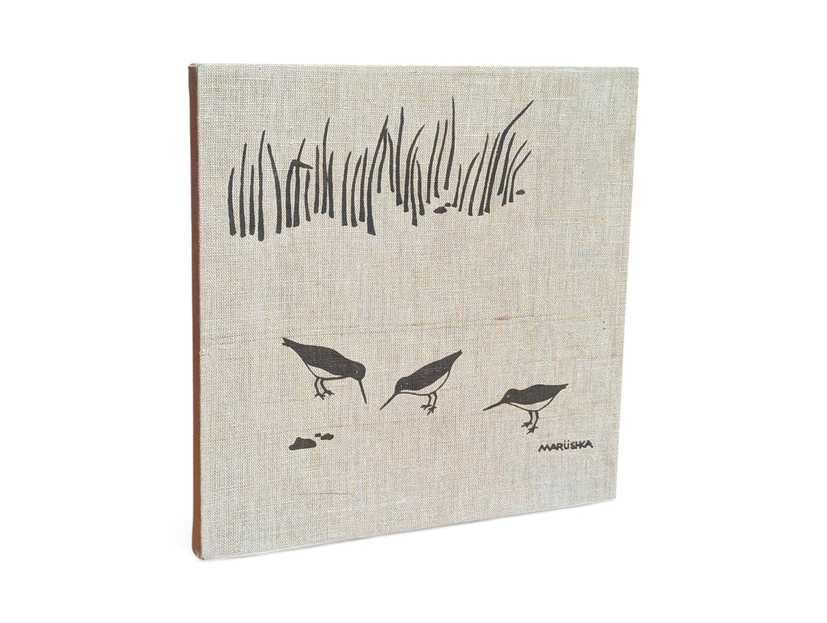 "Vintage mid-century modern Marushka linen screen print featuring three shorebirds in beach grass, 13.125 x 13.125 inches"