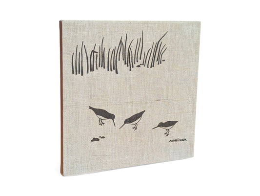 "Vintage mid-century modern Marushka linen screen print featuring three shorebirds in beach grass, 13.125 x 13.125 inches"