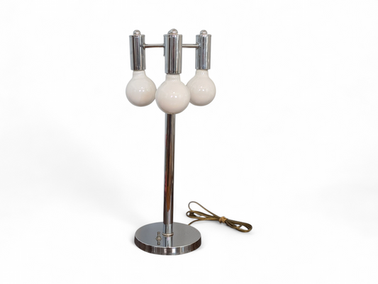 "Vintage mid-century modern space age chrome 3-light table lamp with round base and globe bulbs, 21.5 inches tall"