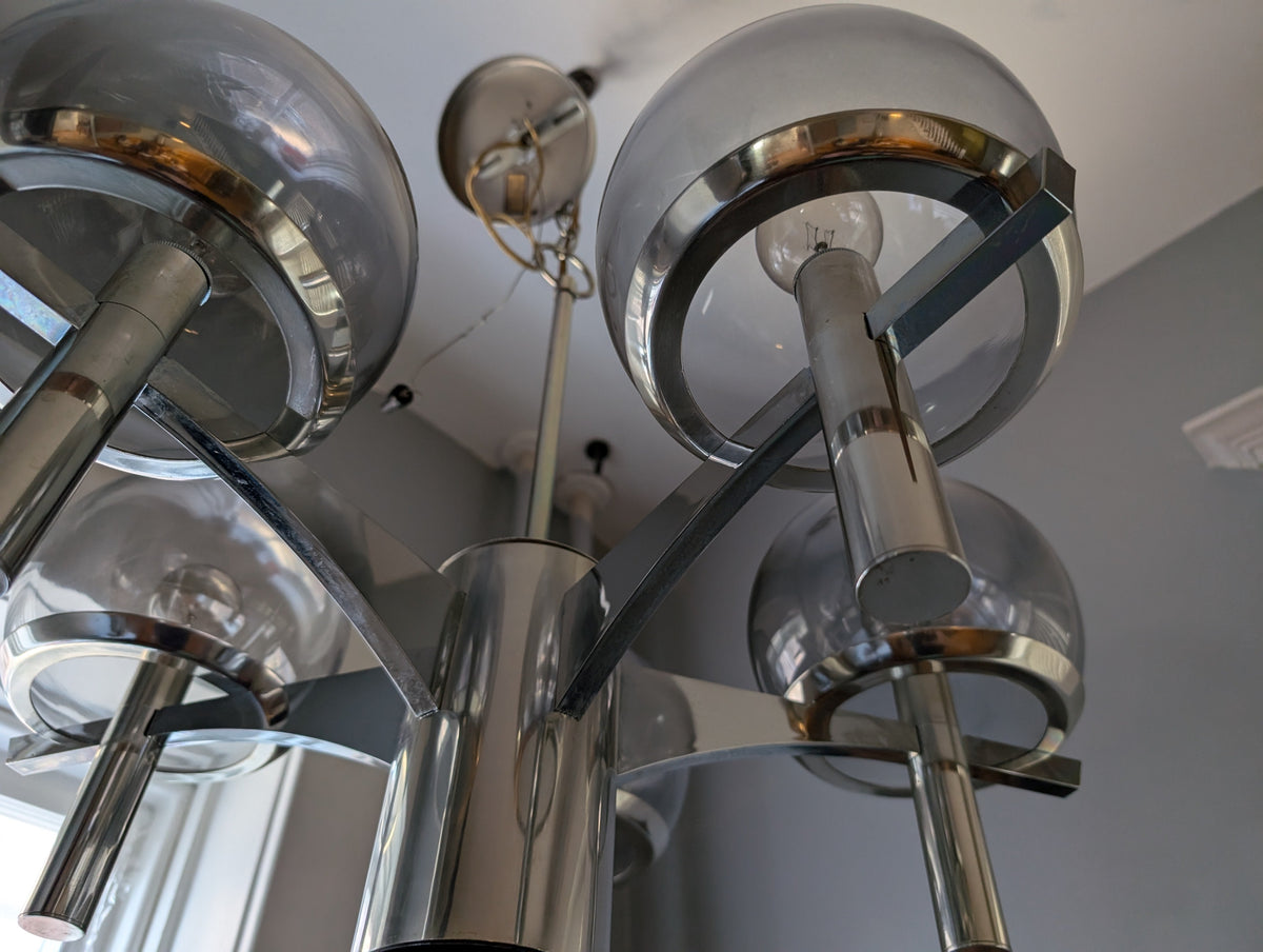 Vintage Mid-Century Modern Chrome and Smoked Glass Chandelier in the Style of Gaetano Sciolari — additional view 2