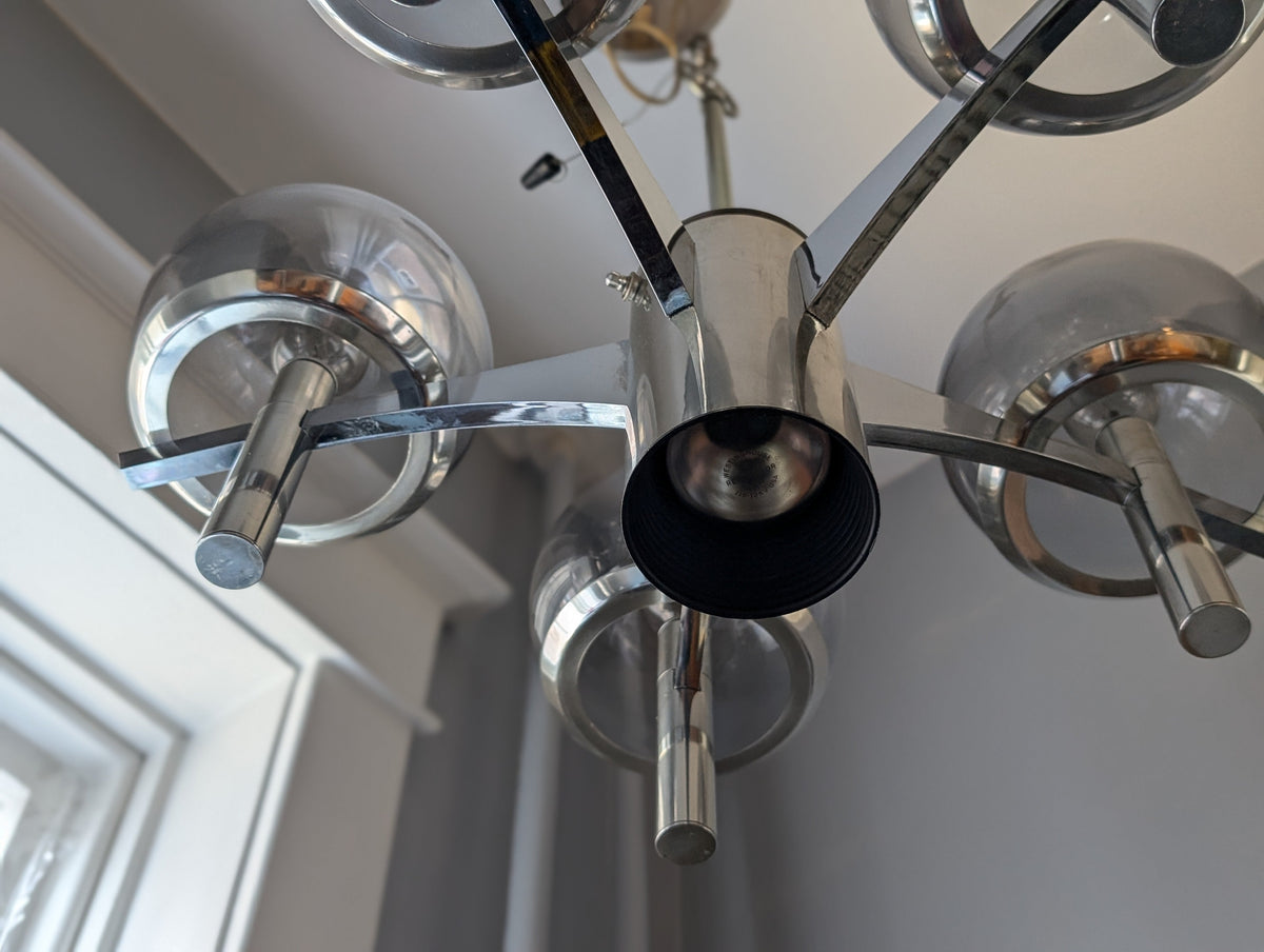 Vintage Mid-Century Modern Chrome and Smoked Glass Chandelier in the Style of Gaetano Sciolari — additional view 3