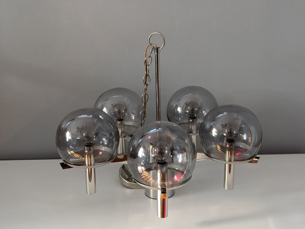 Vintage Mid-Century Modern Chrome and Smoked Glass Chandelier in the Style of Gaetano Sciolari — additional view 4