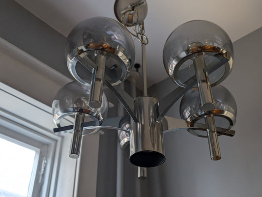 Vintage Mid-Century Modern Chrome and Smoked Glass Chandelier in the Style of Gaetano Sciolari