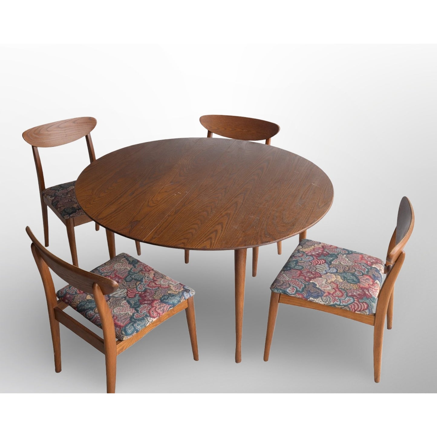 Vintage Heywood Wakefield mid century modern dining set in oak showing table and four matching chairs