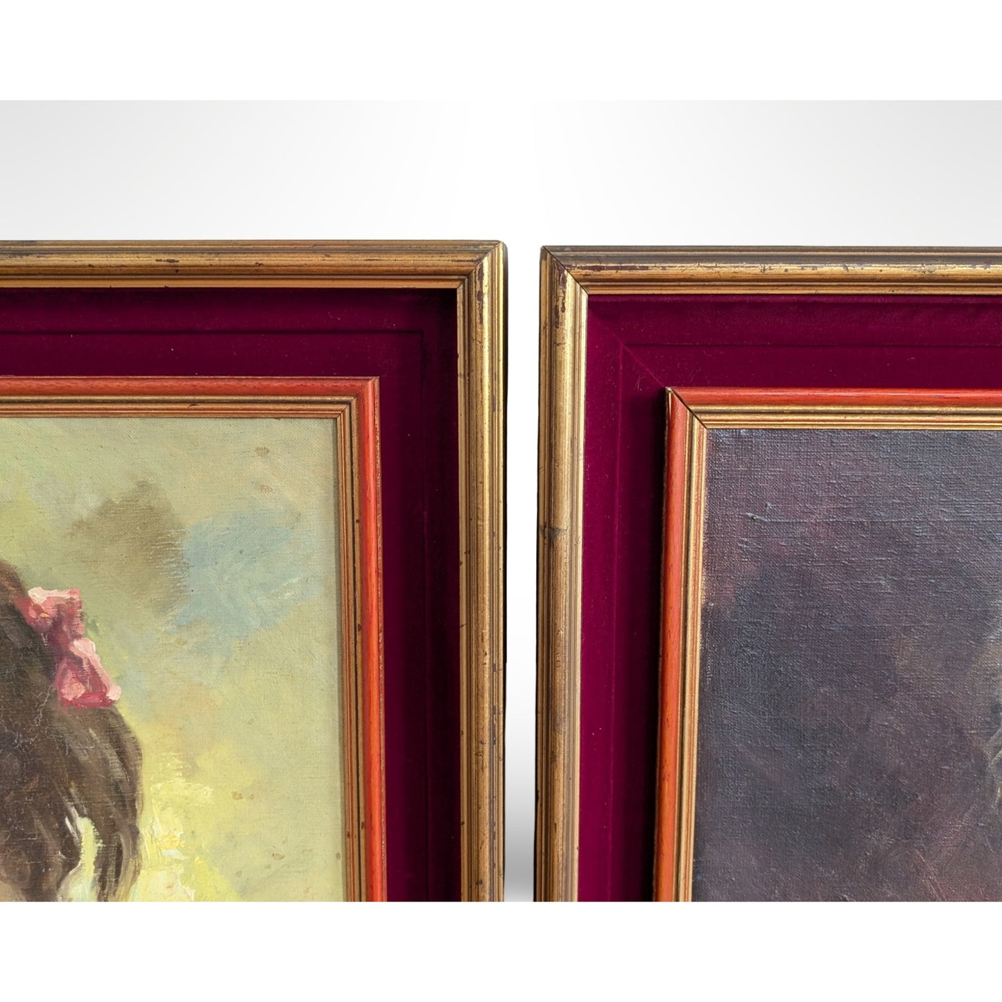 Pair of vintage signed portrait oil paintings in gilt wood frames with red velvet liners measuring 27 by 35 inches