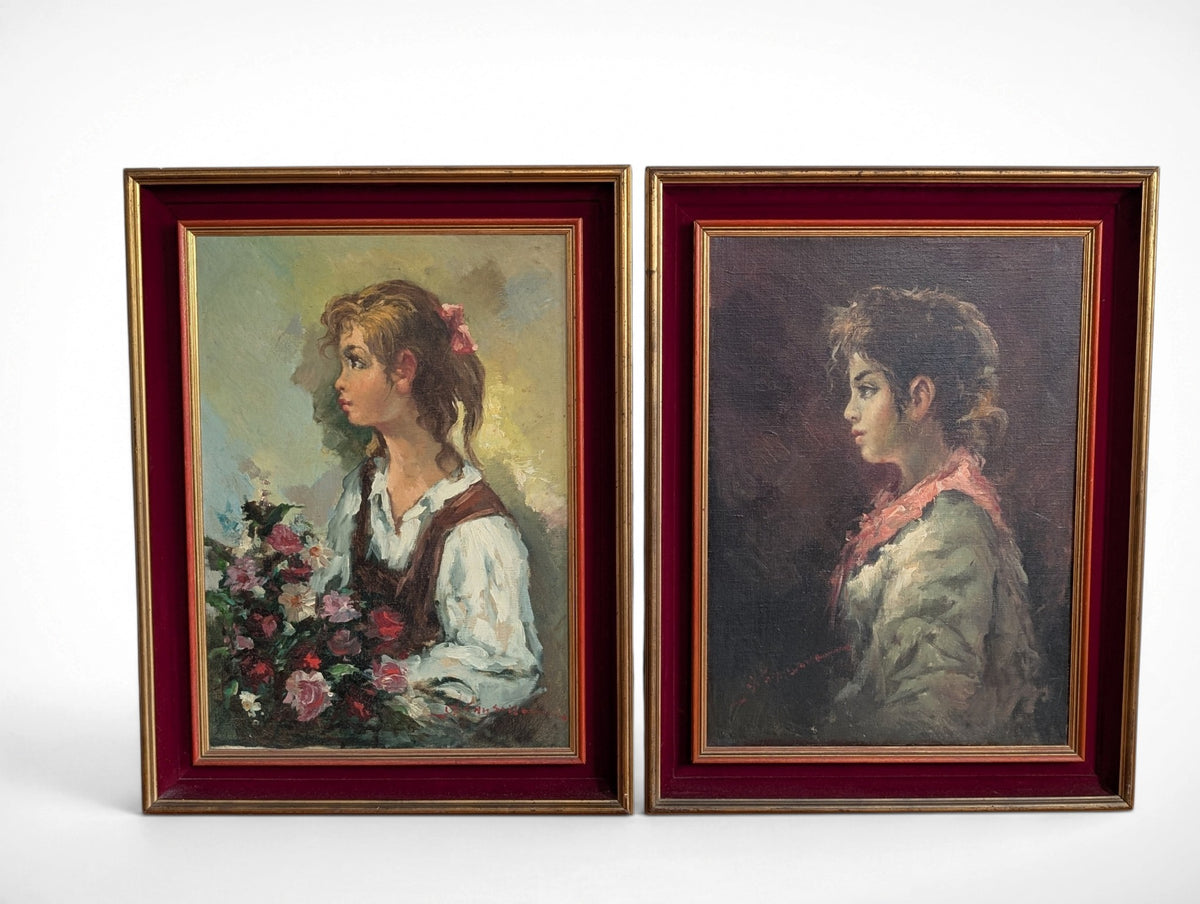 Pair of vintage signed oil portrait paintings in gilt frames with red velvet liners, 27x35 inches each