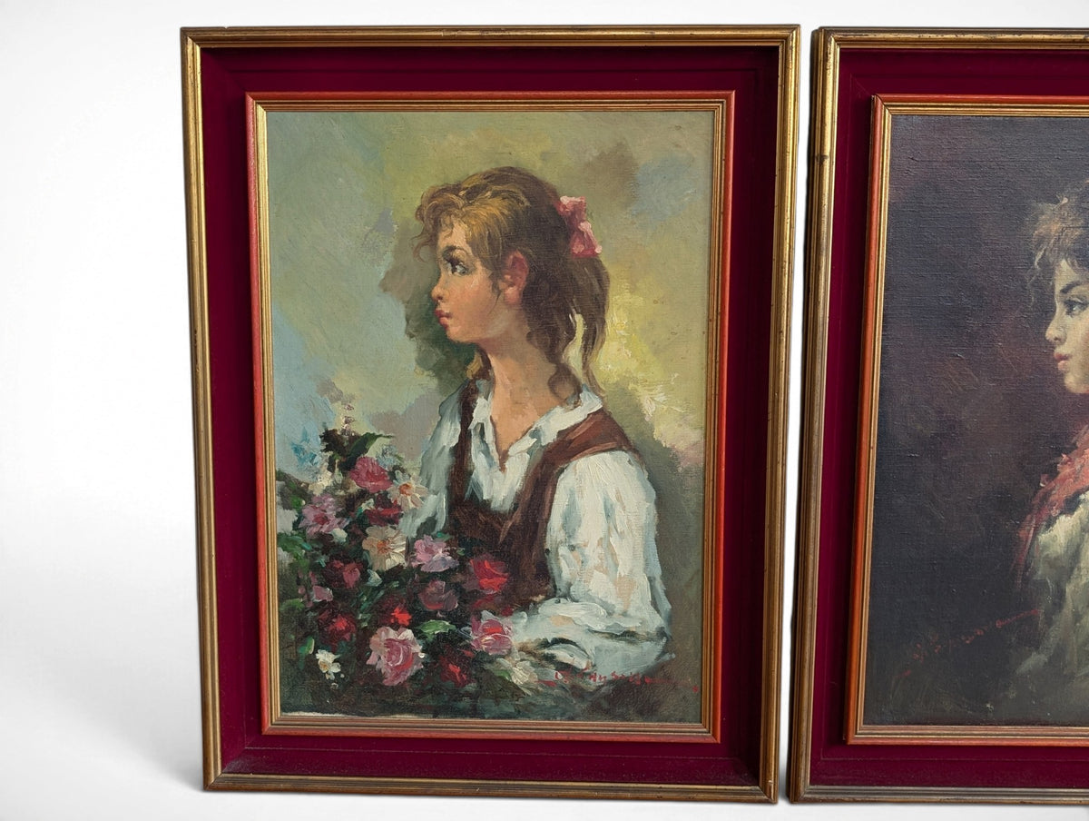 Pair of vintage signed oil portrait paintings in gilt frames with red velvet liners, 27x35 inches each
