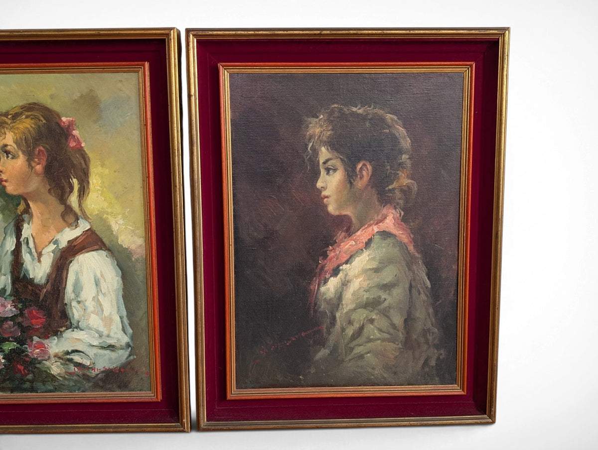 Pair of vintage signed oil portrait paintings in gilt frames with red velvet liners, 27x35 inches each