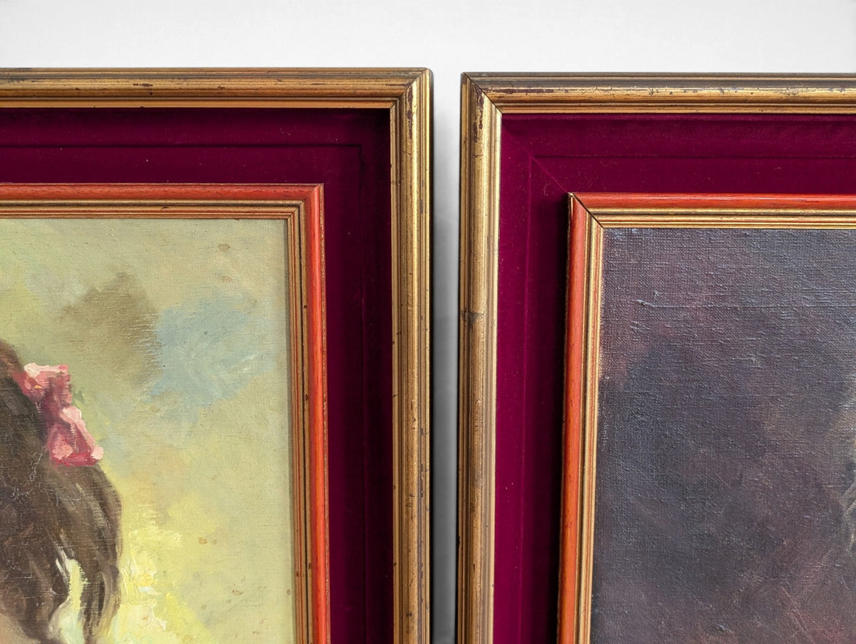 Pair of vintage signed oil portrait paintings in gilt frames with red velvet liners, 27x35 inches each