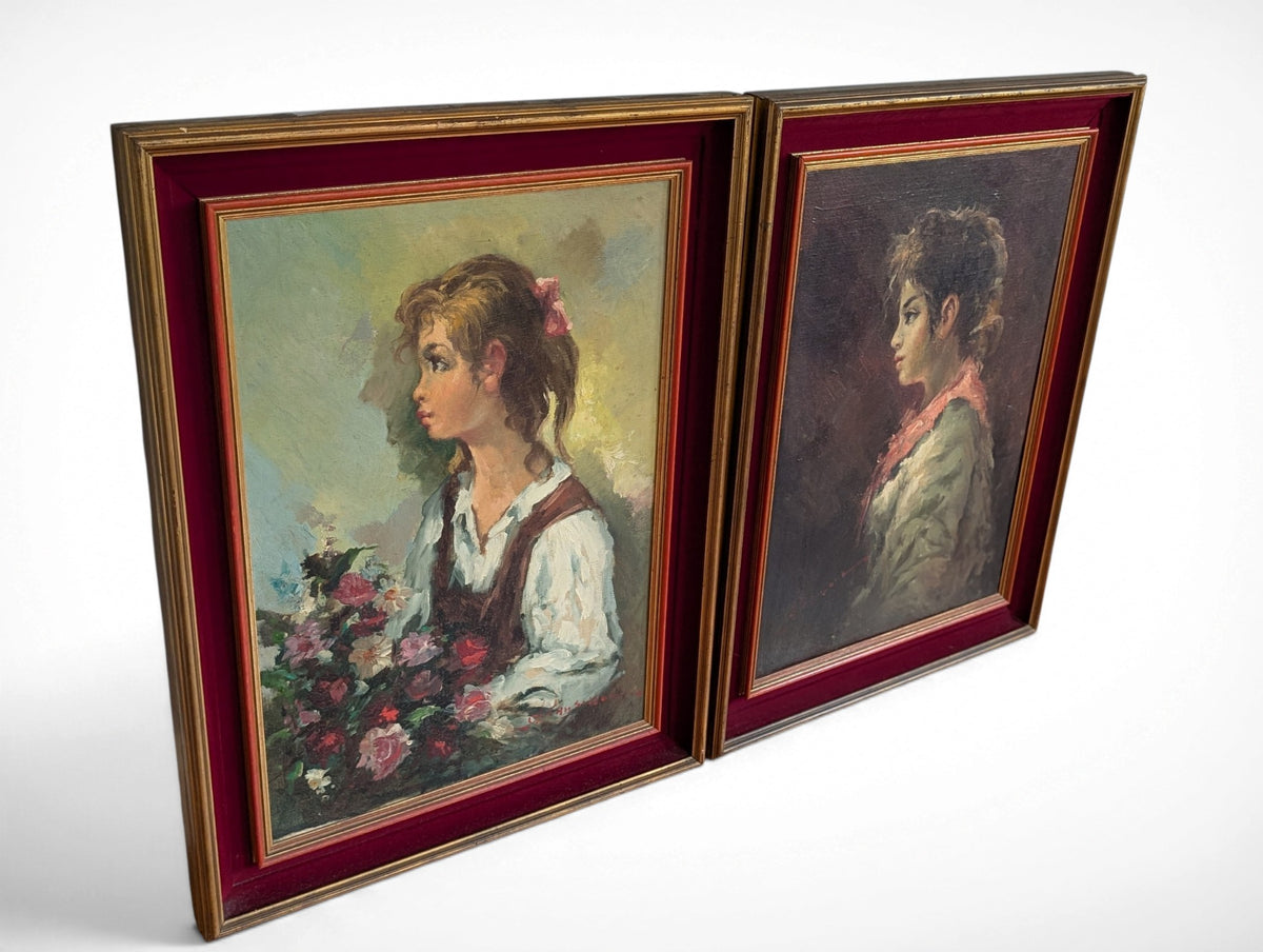 Pair of vintage signed oil portrait paintings in gilt frames with red velvet liners, 27x35 inches each