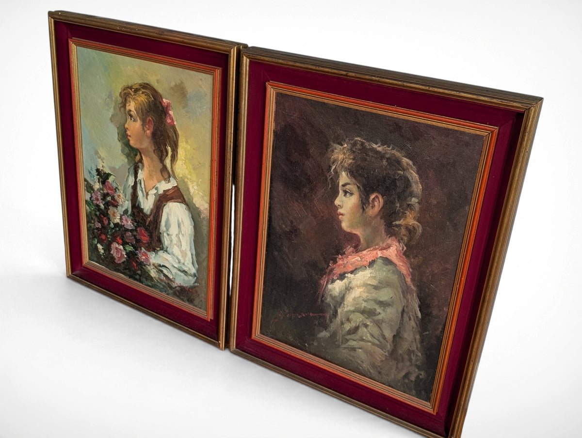 Pair of vintage signed oil portrait paintings in gilt frames with red velvet liners, 27x35 inches each