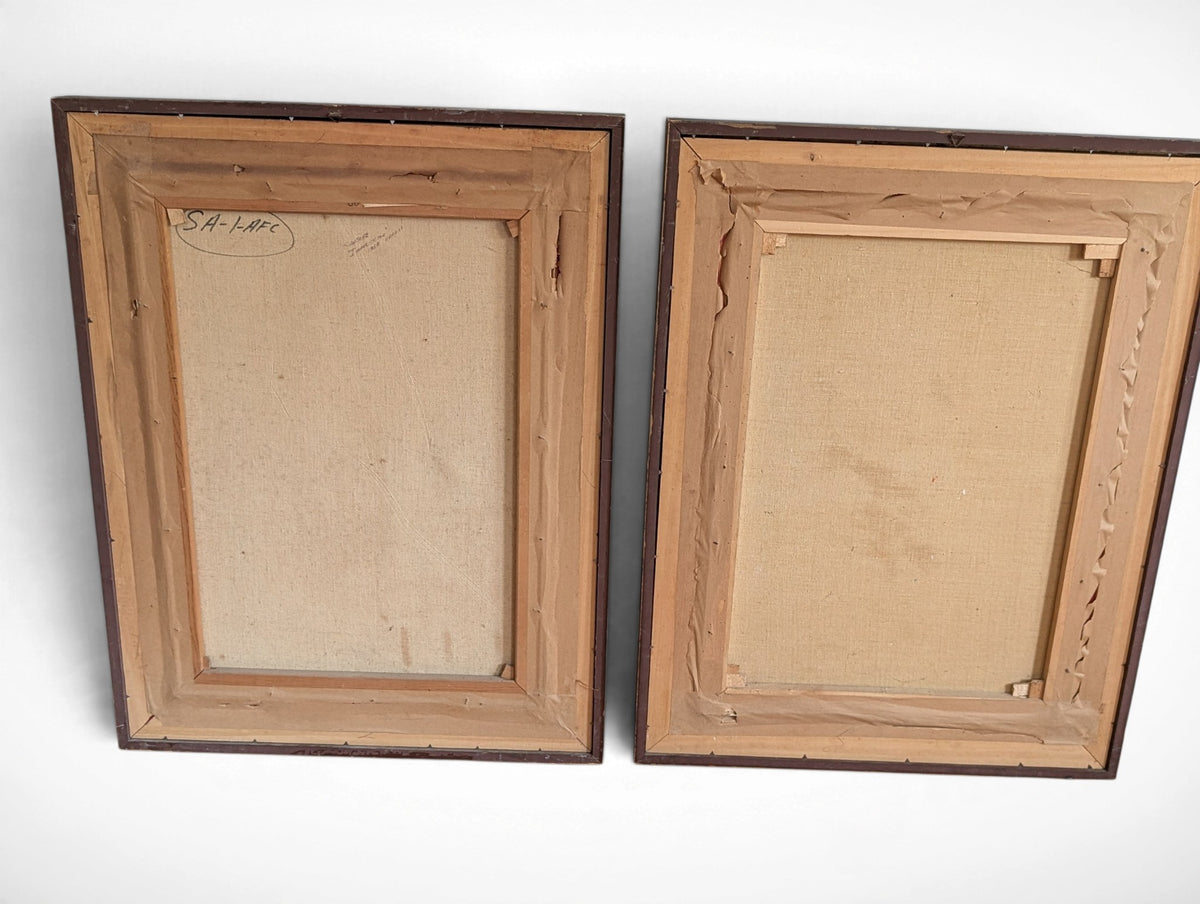 Pair of vintage signed oil portrait paintings in gilt frames with red velvet liners, 27x35 inches each