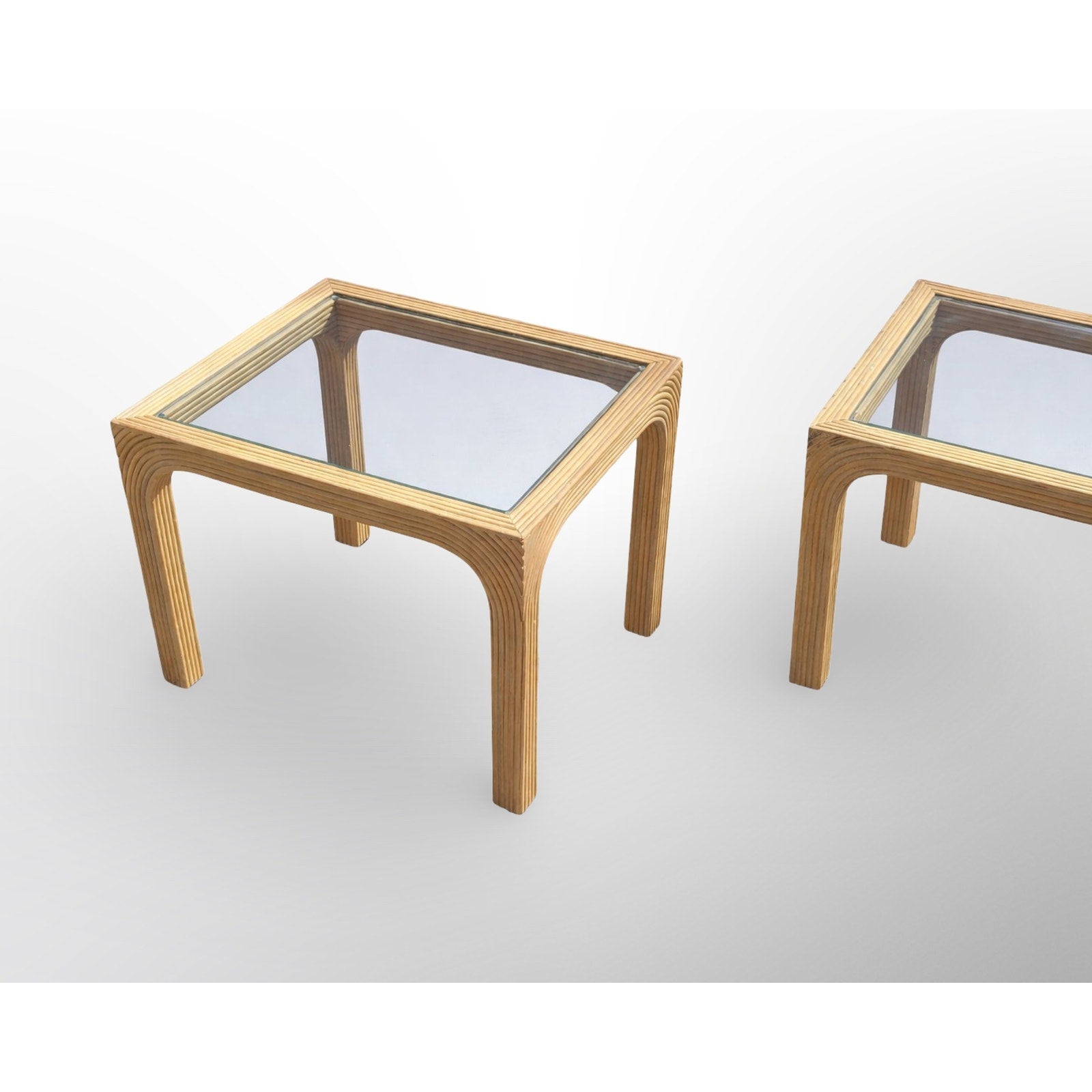 Side profile of vintage split reed rattan side tables organic modern mid century style