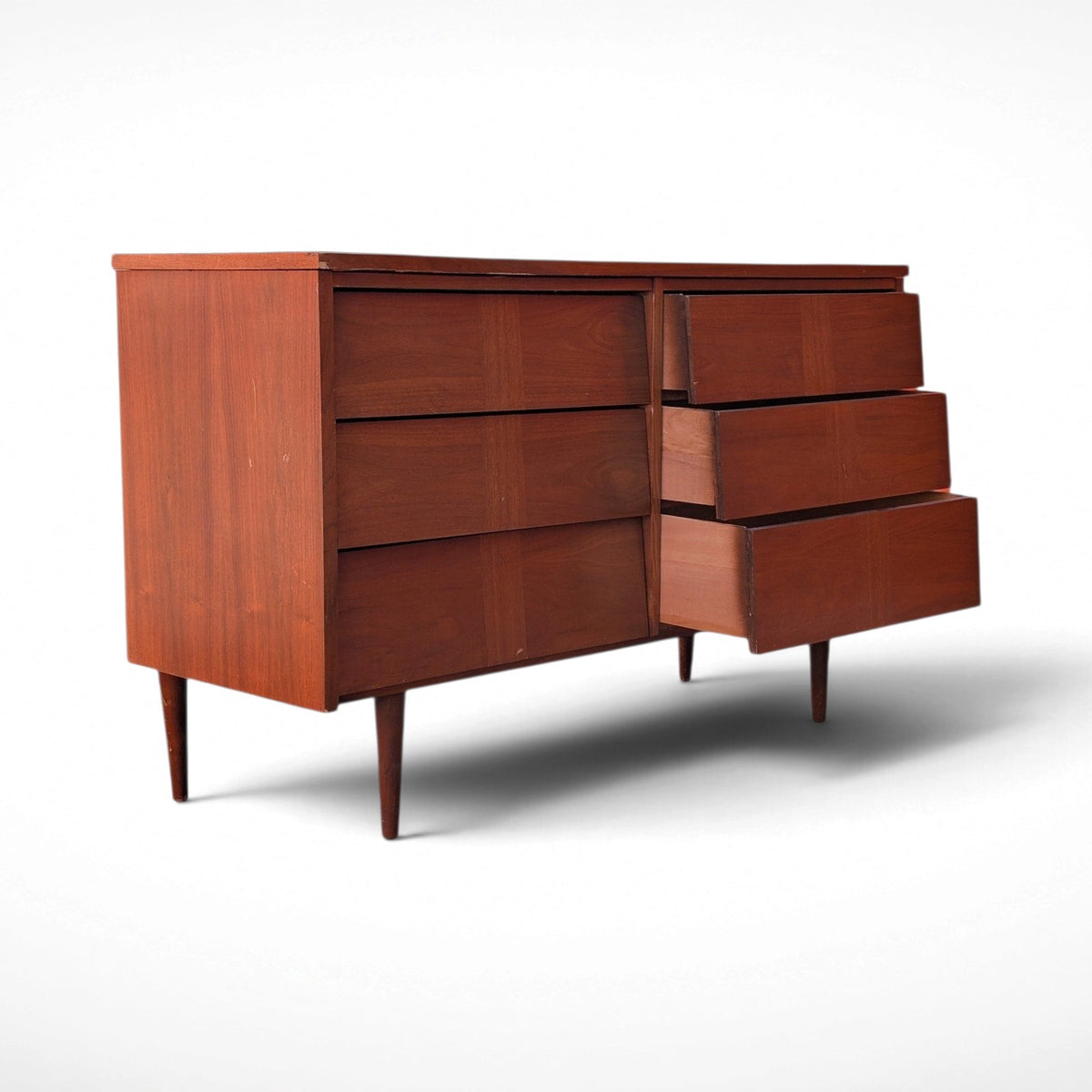 Restored Ward Mfg. mid century modern walnut 6-drawer dresser with louvered drawer fronts and tapered legs