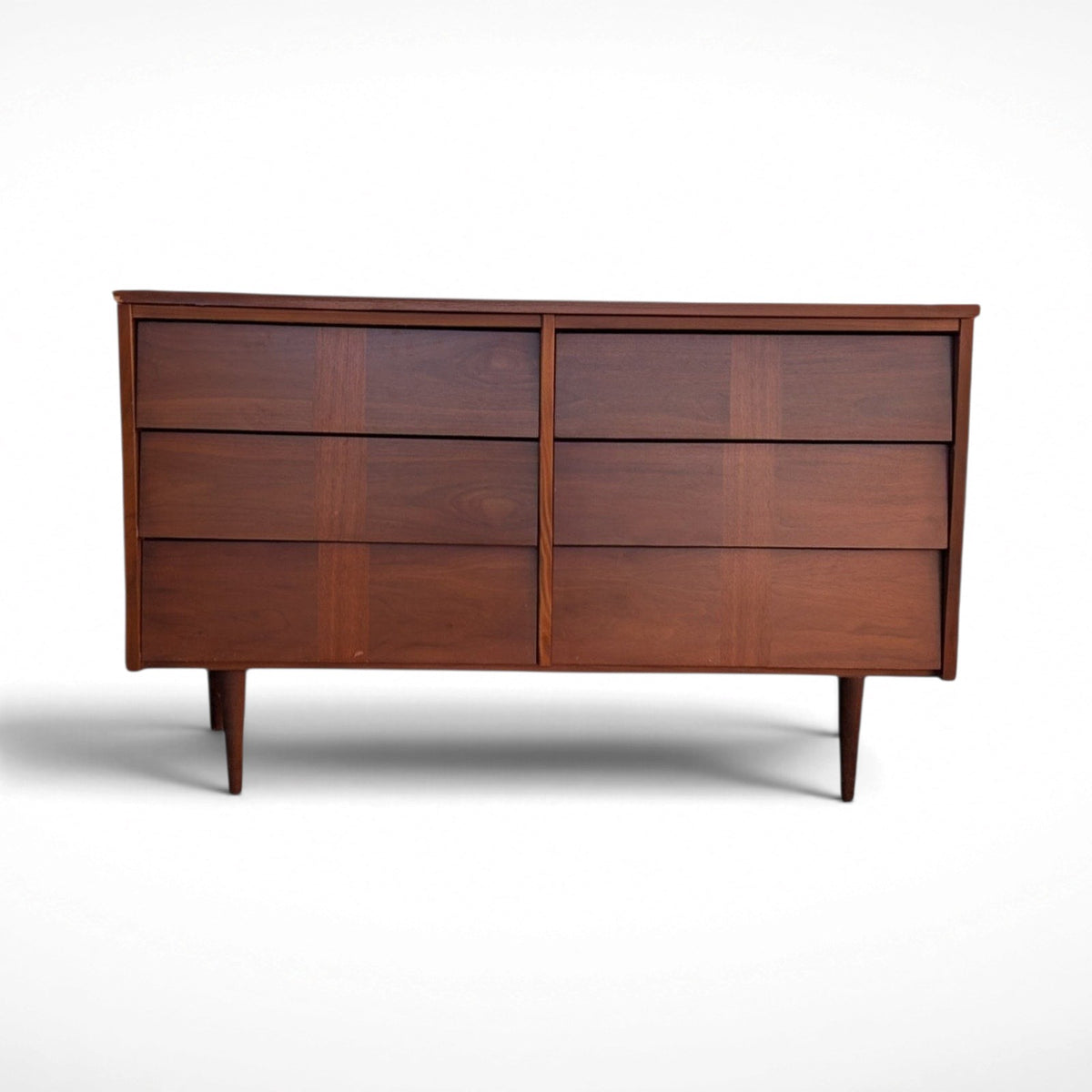 Restored Ward Mfg. mid century modern walnut 6-drawer dresser with louvered drawer fronts and tapered legs