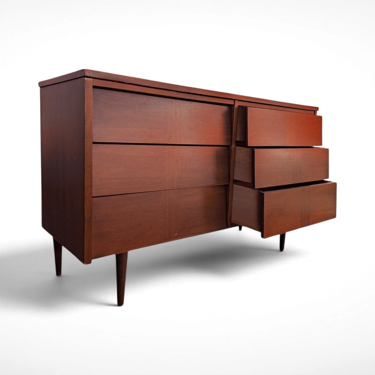 Restored Ward Mfg. mid century modern walnut 6-drawer dresser with louvered drawer fronts and tapered legs