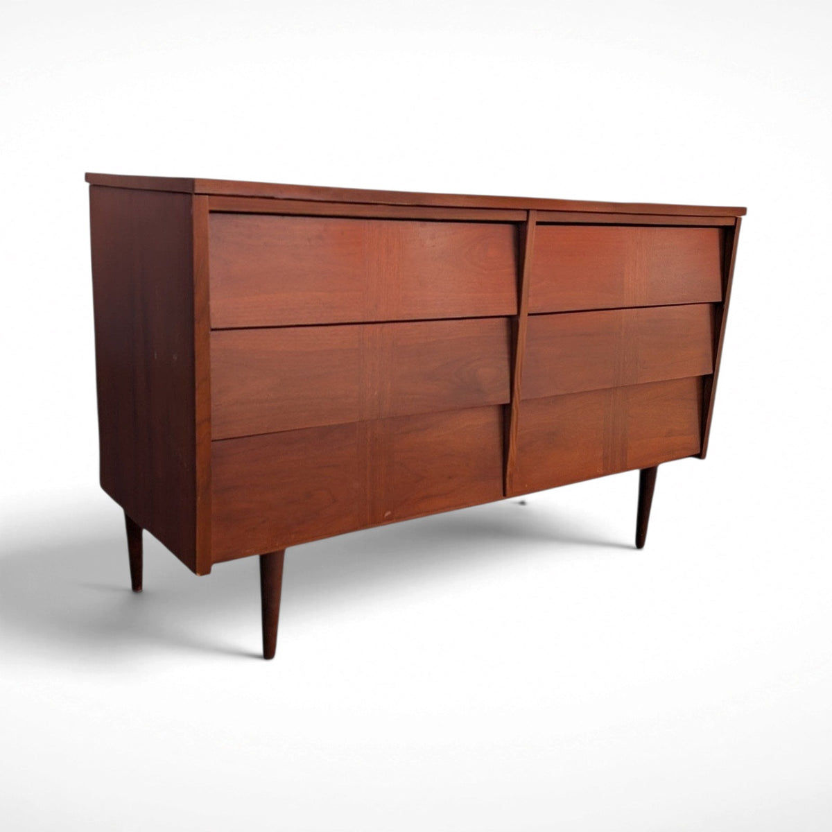 Restored Ward Mfg. mid century modern walnut 6-drawer dresser with louvered drawer fronts and tapered legs
