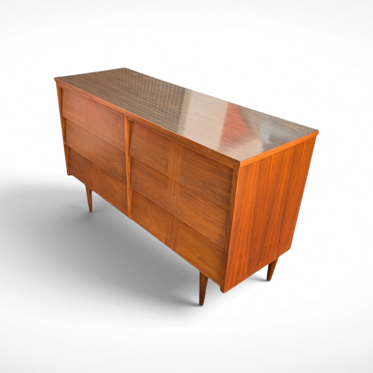Restored Ward Mfg. mid century modern walnut 6-drawer dresser with louvered drawer fronts and tapered legs