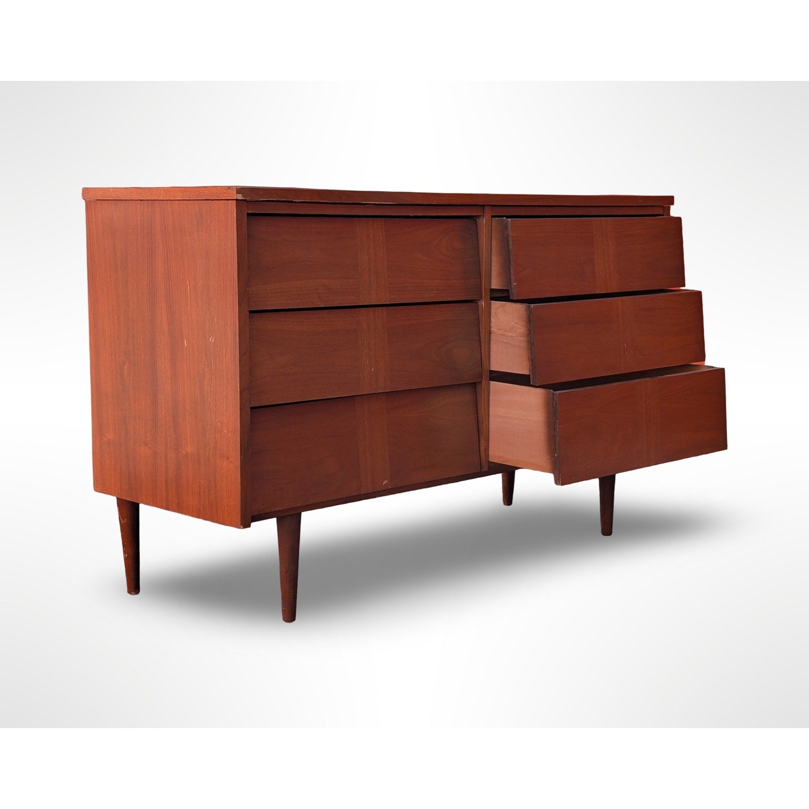 Ward Mfg mid century modern walnut six drawer dresser fully restored with new real walnut top and spacious bedroom storage