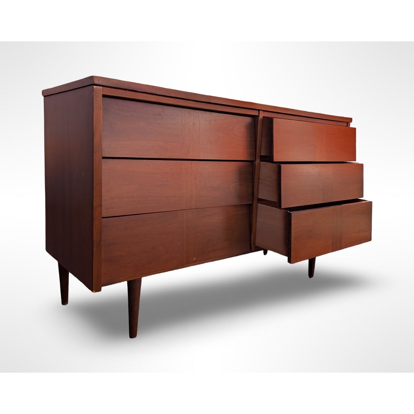 Ward Mfg mid century modern walnut six drawer dresser fully restored with new real walnut top and spacious bedroom storage