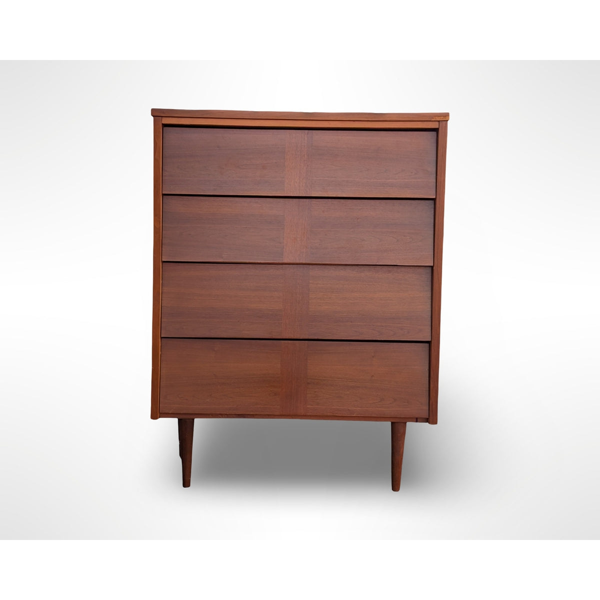 Ward Mfg mid century modern walnut four drawer tall dresser with louvered drawer fronts and restored walnut veneer top