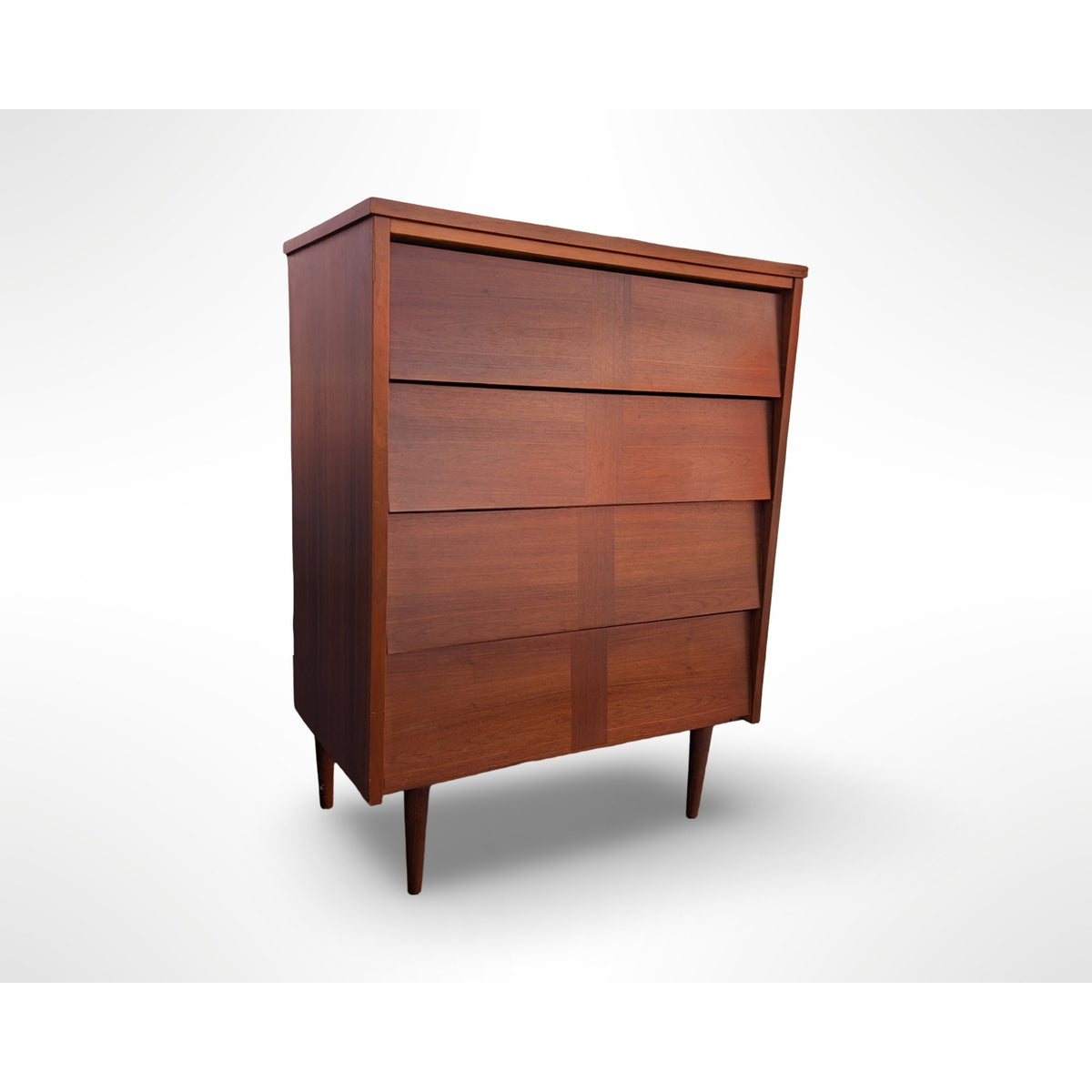 Ward Mfg mid century modern walnut four drawer tall dresser with louvered drawer fronts and restored walnut veneer top