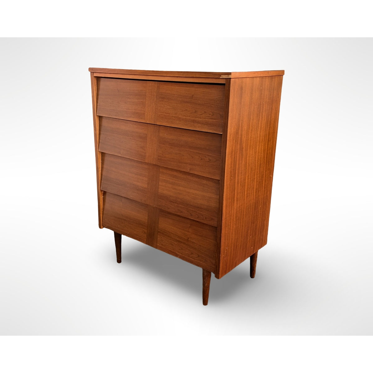 Ward Mfg mid century modern walnut four drawer tall dresser with louvered drawer fronts and restored walnut veneer top