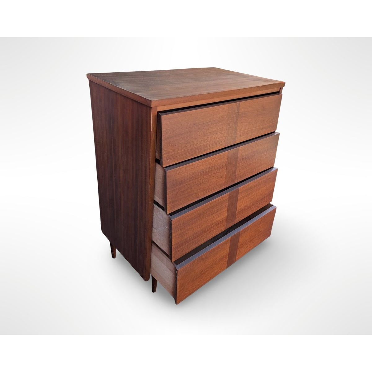 Ward Mfg mid century modern walnut four drawer tall dresser with louvered drawer fronts and restored walnut veneer top