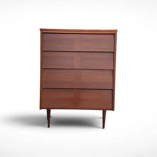 Restored Ward Mfg. mid century modern walnut tall 4-drawer dresser with sculpted geometric drawer fronts and tapered legs